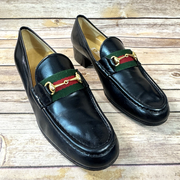 Gucci Womens Black Italian Leather Horsebit Slip On Loafer Shoes 37.5 B - Picture 1 of 10